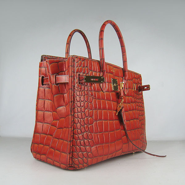 High Quality Fake Hermes Birkin 35CM Crocodile Veins Leather Bag Dark Orange 6089